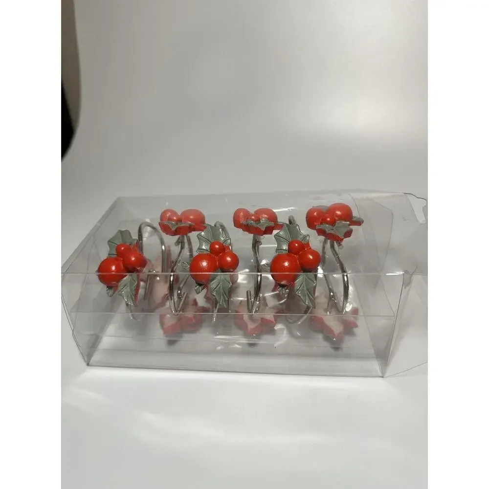 Christmas Holiday Holly Berry Shower Curtain Hooks Set of 12 New & Used Set